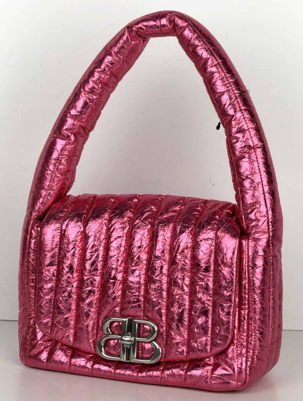 Balenciaga Monaco Small Sling Bag in Metallized Quilted Pink Calfskin E6